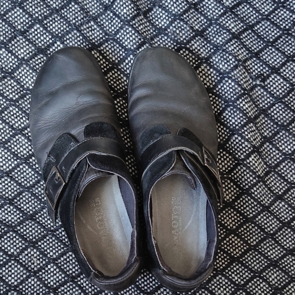 NAOT 39 Black Leather Slip-On Buckle Shoes